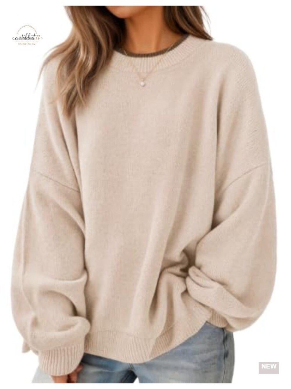 Oversized Crew Neck Pullover Sweater with Batwing Sleeves